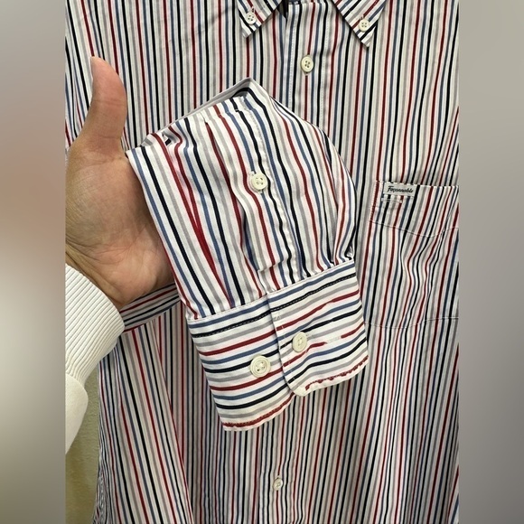 Faconnable Mens Red White Blue Striped Long Sleeve Button Up Shirt - Picture 4 of 5